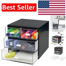 Sleek Black Plastic Desk Storage Organizer - 4 Clear Drawers for Easy Access