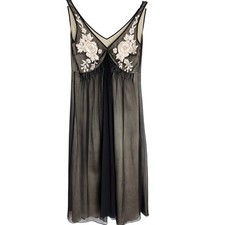Megan Park Silk Midi Floral Embroidered Babydoll Dress | Black Cream | SZ 6
