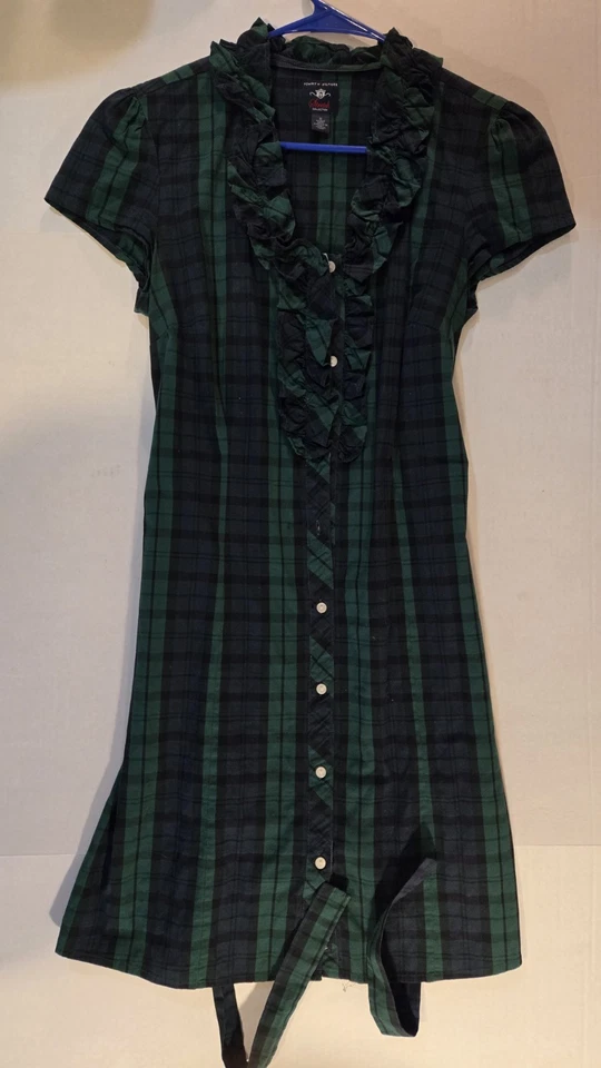 Tommy Hilfiger Women's Medium Green Plaid Shirt Dress Cotton Button Up Top - Image 2 of 4
