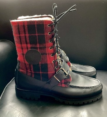 Ralph Lauren Polo Men s 9D Lace-Up Buffalo Plaid Shearling Leather Boots 