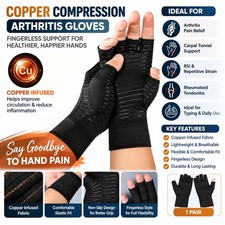 Copper Compression Gloves Anti Arthritis Fingerless Hand Support Pain Relief USA