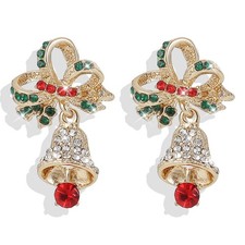 Christmas Earrings for Women Pearl Rhinestone Bow Bell Dangle Earrings Holi - 01