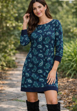 Michael Kors Paisley Long Sleeve Shift Dress Sz Small – Navy with Teal Blue