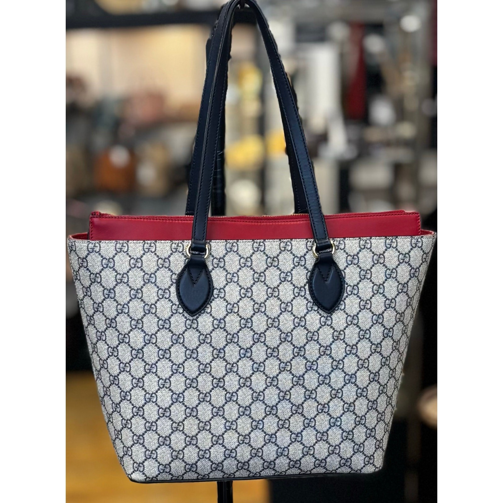 GUCCI GG Supreme Large Navy Blue Monogram & Red Leather Tote Shoulder Bag