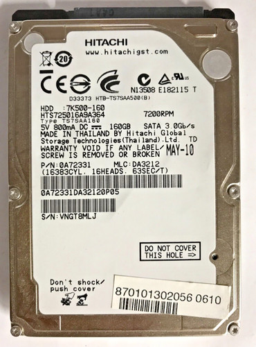 160 GB SATA NOTEBOOK FESTPLATTE HITACHI  HTS725016A9A364 2,5'' ZOLL #NFP622