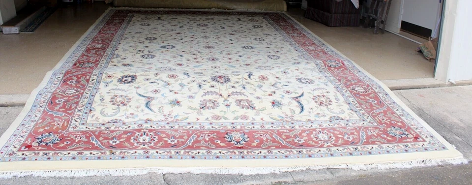 手工编织羊毛地毯 12x18 | 大号罗马尼亚小地毯 | 红色和象牙色花卉 — 第 2/4 张图片