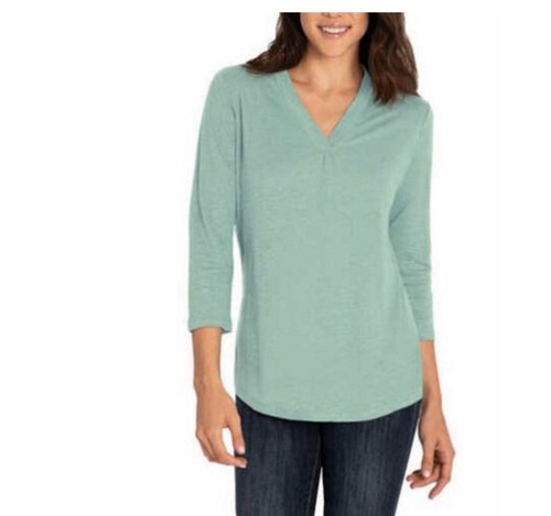 Orvis Women’s Linen Blend Top - 3/4 Sleeve V-Neck- Ether Green XXL