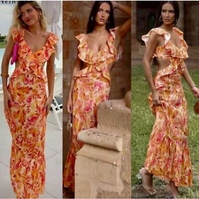 Zara NWT Linen Midi Dress Ruffles V-Neckline Cut-Out Watercolor Orange Size XL