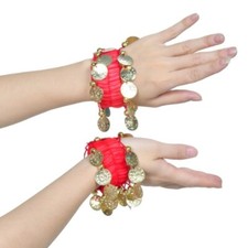 1 Pair BellyDance Wrist AnkleCuffs BraceletsChiffon Gold Coin BellyDance Costume