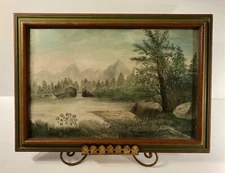 American Naive Landscape Oil on Slate Board Painting Framed Signed Dated 1857