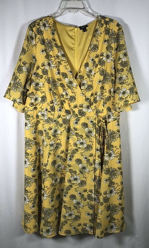 Torrid Kleid A-Linie Flare 20 Kurzarm Faux Wickel Stretch Gelb Cocktail - Bild 6 von 12