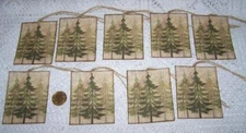 9-Christmas-Primitive-Rustic Trees-Farmhouse-Prim-Linen Cardstock-Gift-Hang-Tags