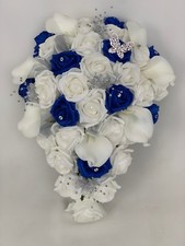 Wedding Flowers Ivory Royal blue ,bouquet ,Bride, Bridesmaid, Flower-Girl Wand