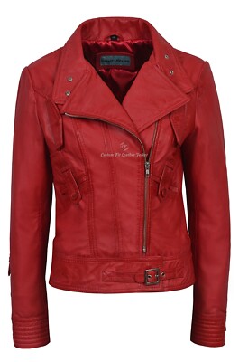 New 'SUPERMODEL' Ladies Red Biker Style Designer Real Napa Leather Jacket 4110