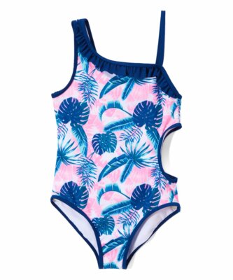 Jantzen Little Girls' Blue and Pink Palm Tree Print One-Piece Swimsuit, 4-6X