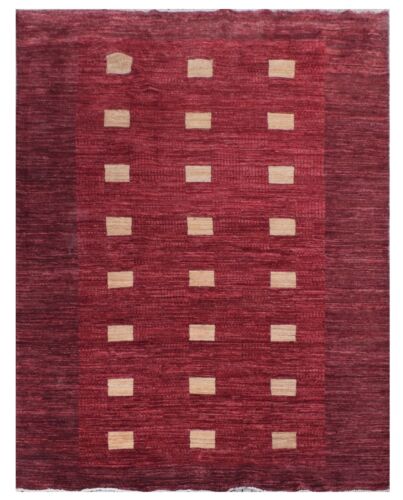 Red Modern Solid&striped Handmade Knotted Rug 9 x 5 ft - Afbeelding 1 van 6