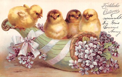 OSTERGRÜSSE - FROHLICHE OSTERN - VERSCHICKT 1904 - GEPRÄGTE KÜKEN & BLUMEN