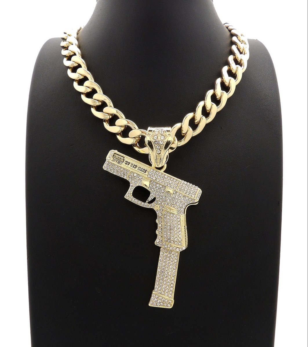 Hip Hop Full Iced Glizzy Gang Gun Pendant With 20