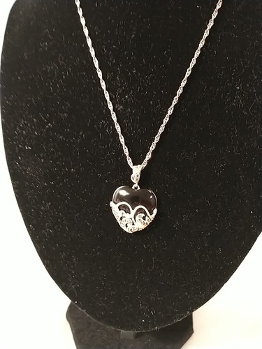 Necklace Sterling Silver 925 Marcasite Black Onyx Heart Pendant 19.5" Long - Picture 9 of 10