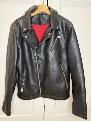 Zara Man Kunstleder Biker schwarz Jacke Gr. M Full Zip Motorrad rot Futter