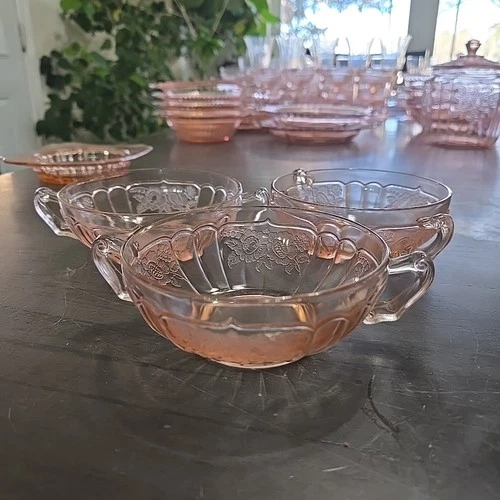 3 Anchor  Hocking Pink Mayfair/Open Rose 5" Cream Soup Bowls