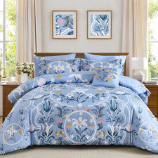 Floral Blue Comforter Set-Queen Size 8 Piece Bed in a Bag,Queen Bed Set with Com