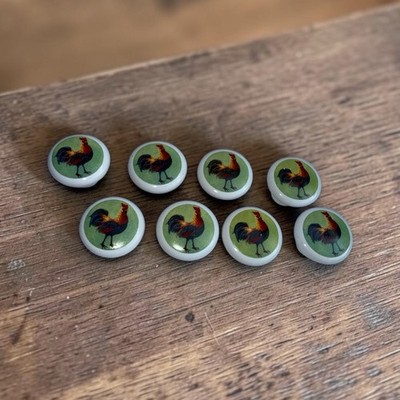 Vtg Set Of 8 Rooster Ceramic Cabinet Knobs 1'' Round No Screws