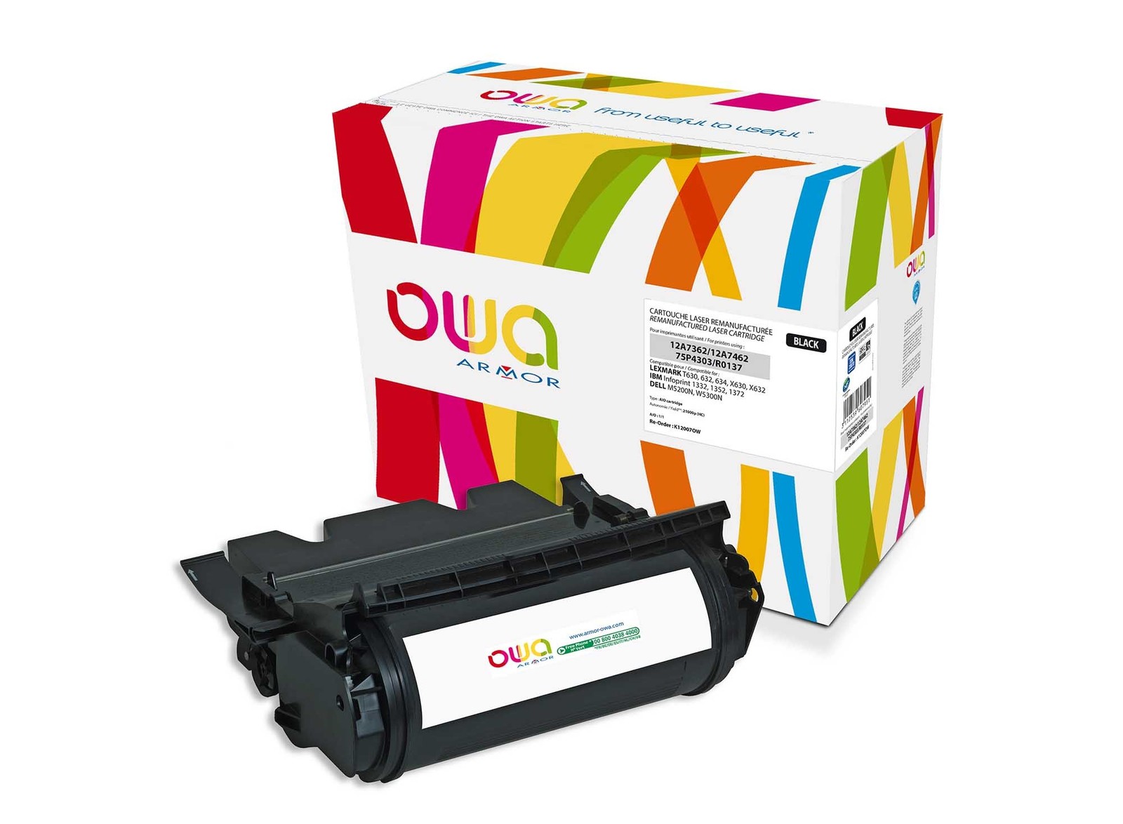 Toner laser noir remanufacturé compatible Lexmark T630 12A73 ARMOR OWA