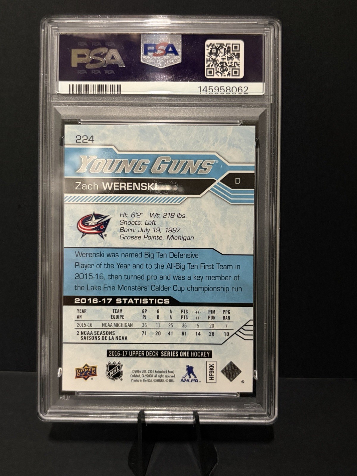 2016-17 Upper Deck #224 Zach Werenski RC Young Guns Rookie PSA 10 Gem Mint view 2