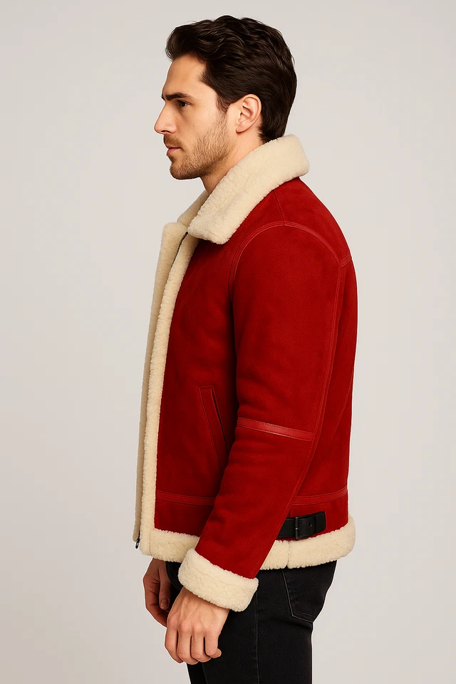 Men’s Red Shearling Leather Jacket | Winter Aviator Coat with White Fur Lining - Image 4 of 4