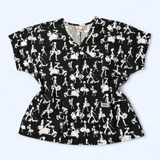 Y2K Black Graphic Scrubs Top Sz L Izzy White Medical Vet Dentist Uniform Nurse