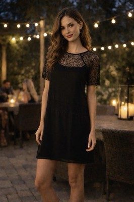 bcbgeneration black lace dress BCBGeneration Black Lace Dress Small Sheer Sleeve Mini Shift Cocktail  Romantic