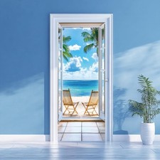 2 Pcs -Adhesive Door Sticker, 31.5"x78.7" Seaside Beach Theme Door Murals Sti...