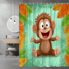 Monkey Shower Curtain Tropical Leaf Print Green Kids Bathroom
