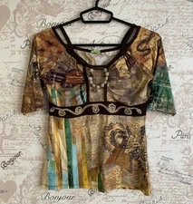 RARE Save the Queen Multicolour Abstract Lace Trim Blouse Embroidered Size L Y2K