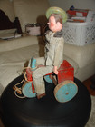Antique Mechanical Wooden Pull Toy Boy Riding Tractor with Brimmed Hat Primitive — photo 2