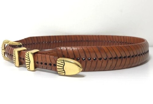 Women's Leather Belt 34 Brown Western Herringbone Gold Buckle Cowgirl Ladies - Picture 10 of 19
