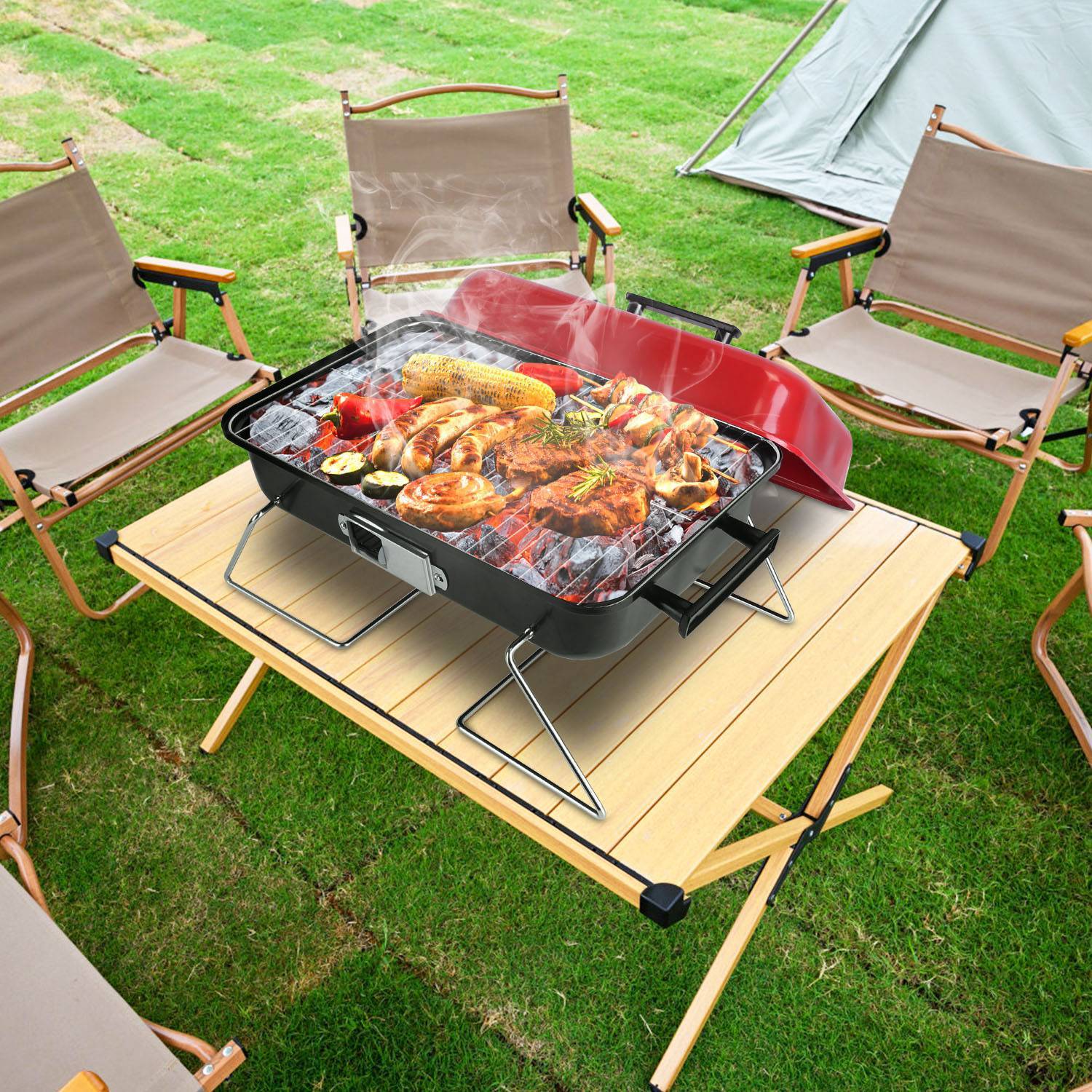 Portable Charcoal Tabletop BBQ Grill with Lid
