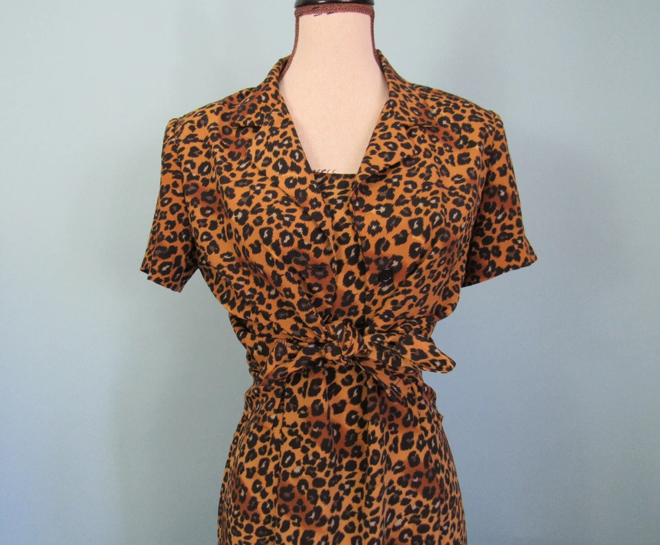 Talla: M VINTAGE Vestido Estampado Leopardo Traje Hasta la Rodilla Sin Mangas-Acolchado Hombro Foto 3 de 4