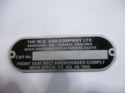 Nameplate Sign s82 Vintage MG Car Company M.B. A B C GT Midget roadster