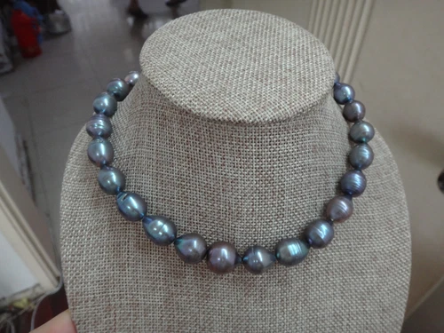 HUGE 18"12X10-11x14mm natural south sea genuine black gray blue pearl necklace 