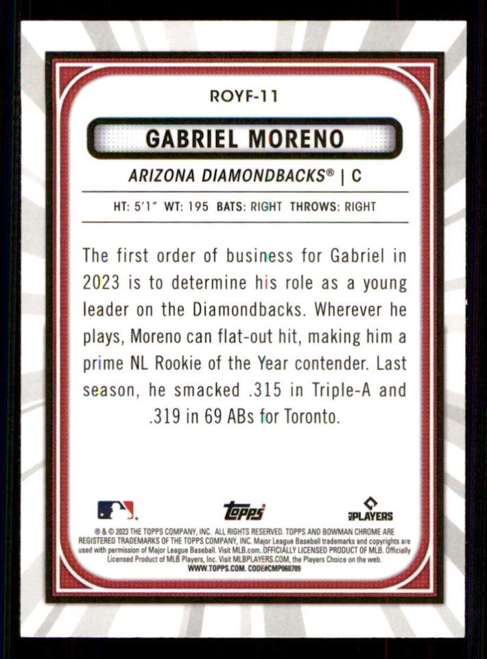 2023 Bowman Chrome Rookie of the Year Favorites #ROYF11 Gabriel Moreno - Image 2 of 2