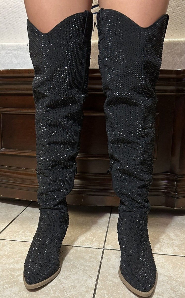 Cowgirl Boots Rhinestone Shiny Pointy Toe Over The Knee Chunky Heel Black