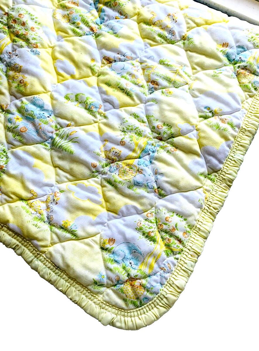 Vintage DunDee Quilted Baby Blanket Crib Bunny Bears Kittens