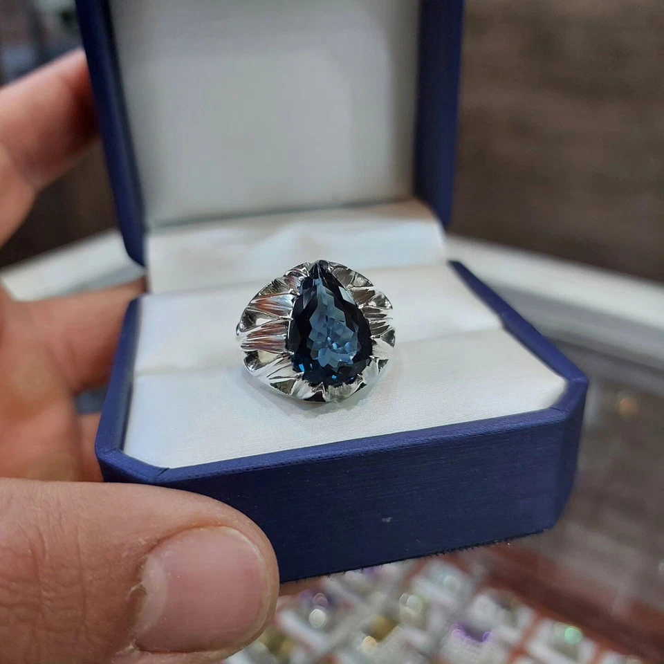 Кольцо из чистого серебра с натуральным лондонским голубым топазом швейцарским голубым топазом камнем - Изображение 3 из 4