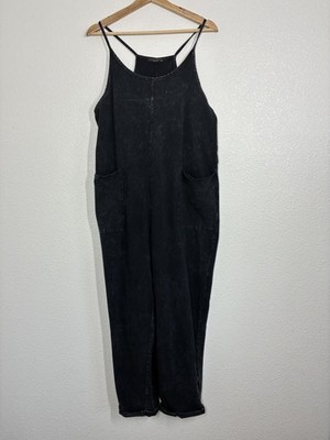 Final Touch Jumpsuit Womens Large Black Acid Wash Jersey Pockets Relaxed Casual