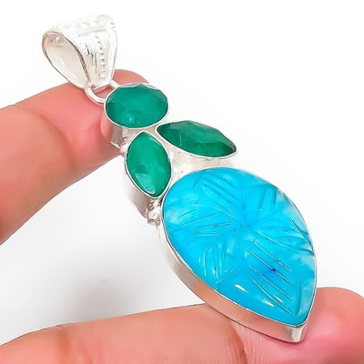 Neonblauer Apatit, grüne Jade Edelstein 925 Sterlingsilber Schmuck Anhänger 2,48''
