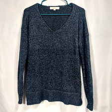 Loft Womens Small Cable Knit Pullover Sweater Ribbed Hem Metallic Threads V Neck