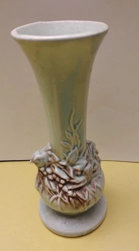 Vintage McCoy Pottery Green Vase with Bird & Floral Relief – 7.5” Tall – Marked