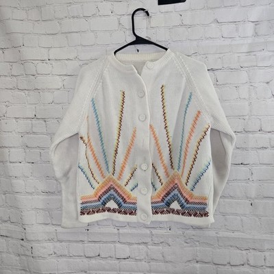 Unbranded 70s Hand Embroidered Stich Led Cardigan Button Up Rainbow Sunrise M L
